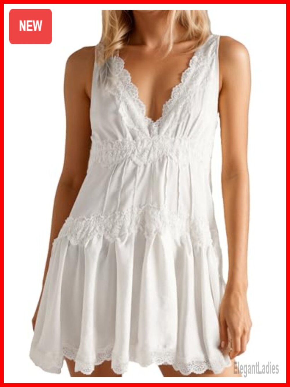 Lace Trim Ruffle Hem V-Neck Mini Dress Sleeveless Flowy Summer Y2K Swing
